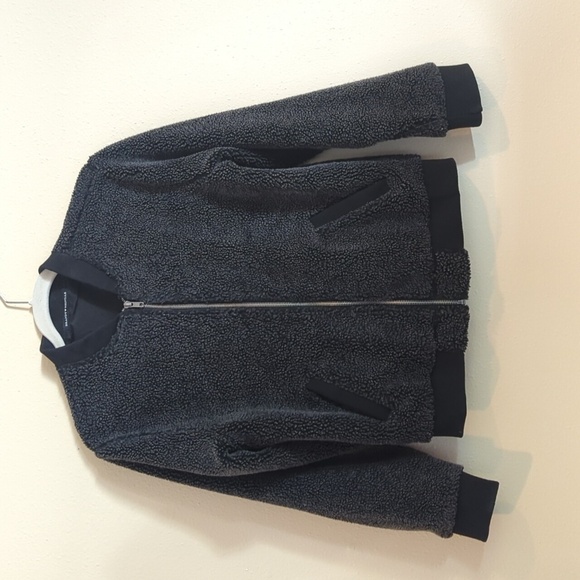 Brandy Melville Sherpa Bomber Jacket One Size Gray Black Full Zip Pockets - Picture 1 of 9